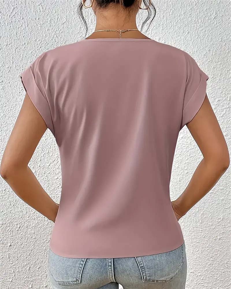 T-shirt V-hals Effen Kleur Elegante Korte Mouwen