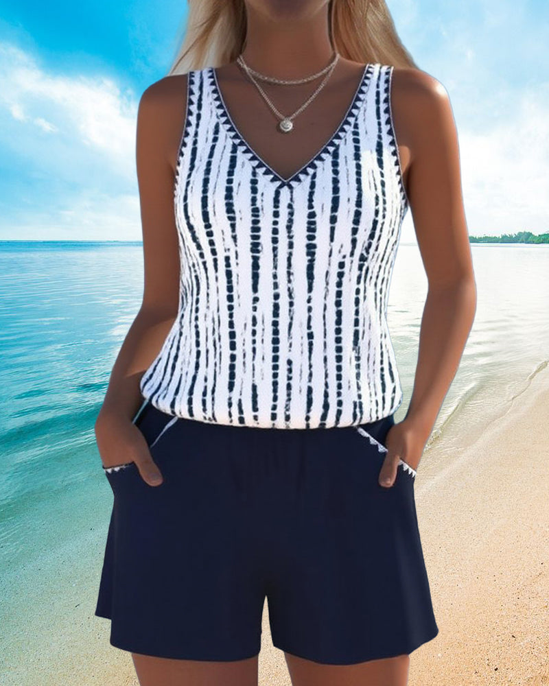 Badpak casual zak v-hals bedrukt tweedelig