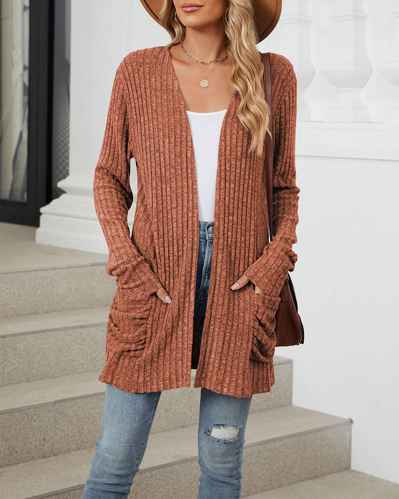Casual effen kleur cardigan met lange mouwen en zak