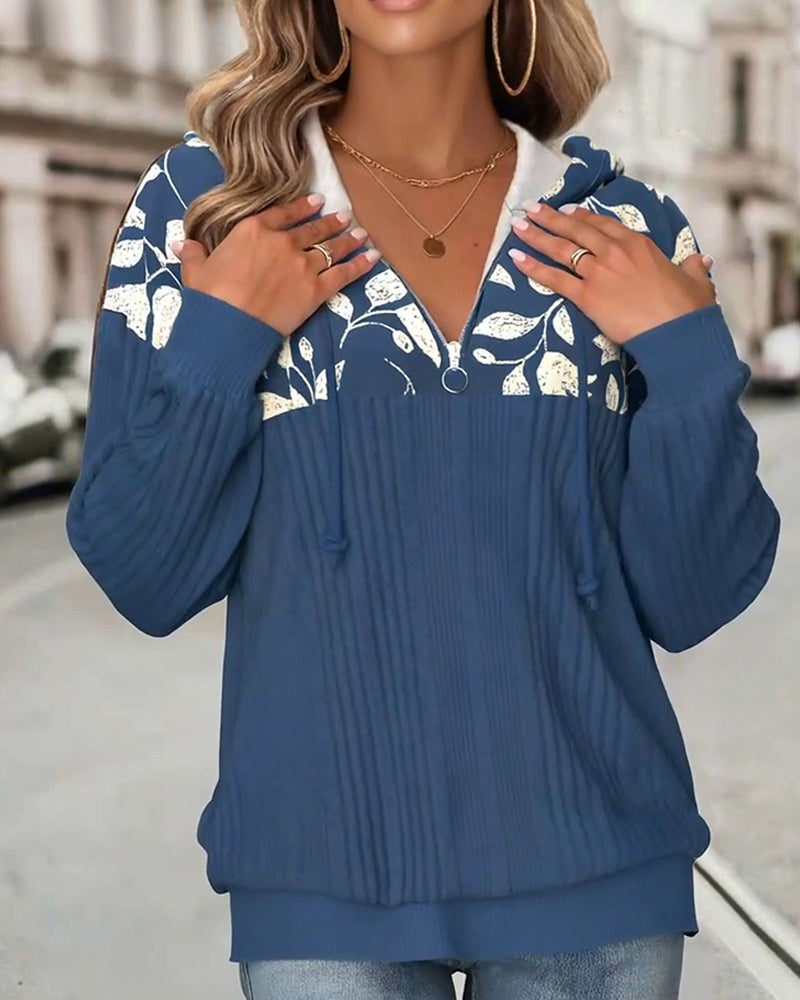 Trui Met Capuchon Halve Rits Bloemenprint