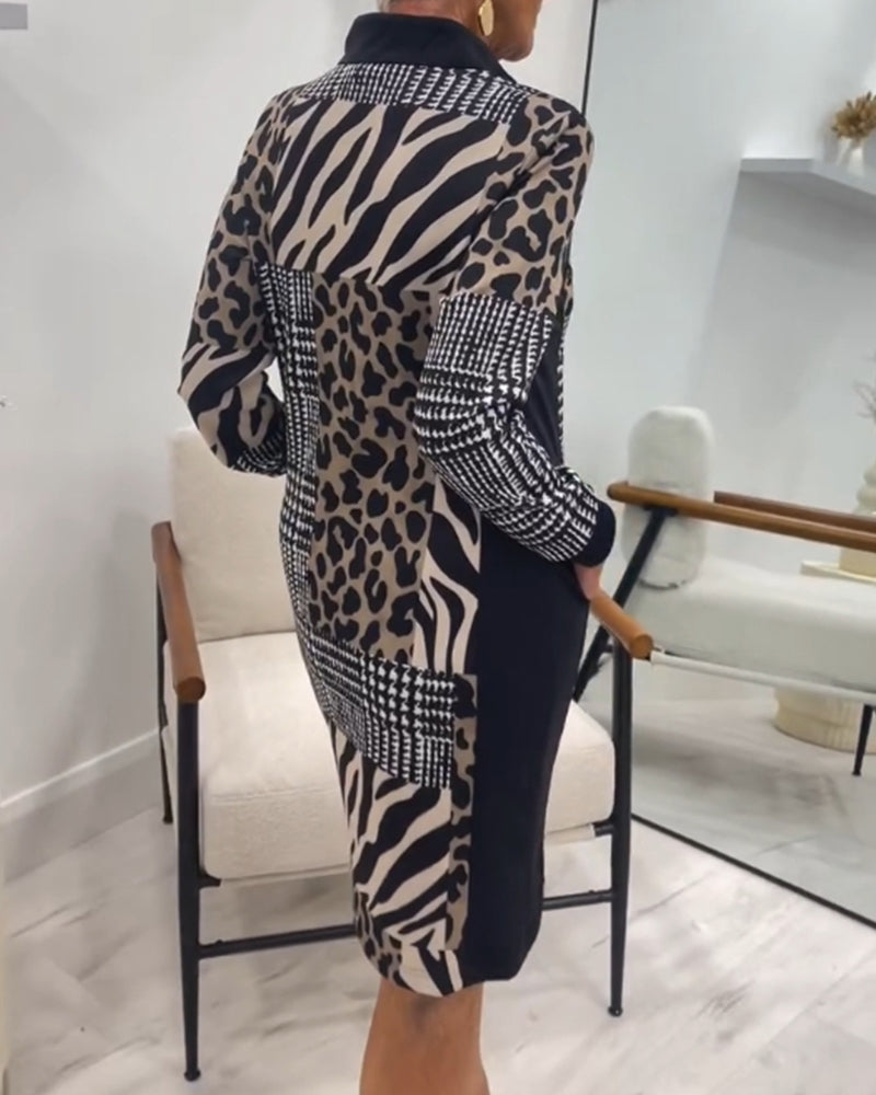 Stijlvolle luipaardprint jurk met patchwork rits en zak