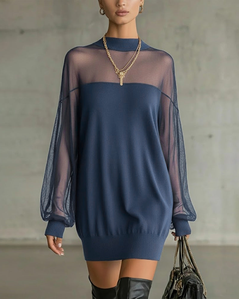 Jurk Lantaarnmouw Effen Kleur Patchwork