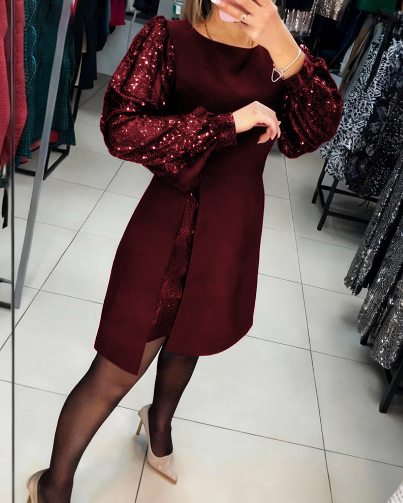 Elegante Jurk Met Pofmouwen En Patchworkdetails