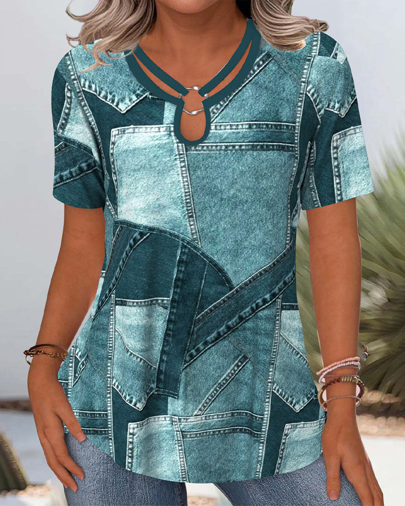 Blouse Vintage Denim Contrast Uitsnijding