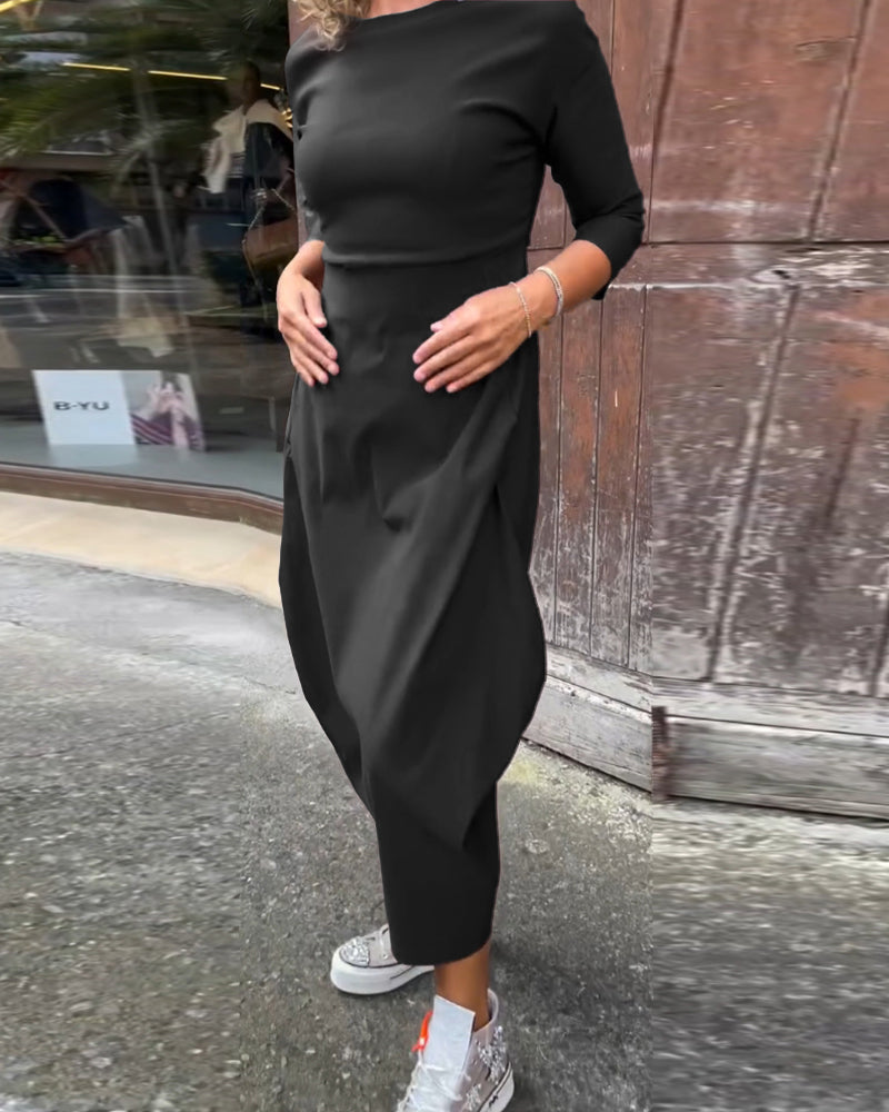 Eenvoudige effen kleur zak lange mouw elegante jurk