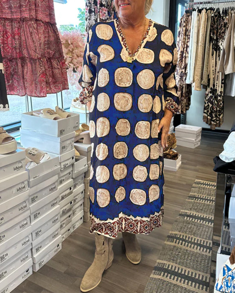 Jurk Lange Mouwen V-Hals Gedrukt