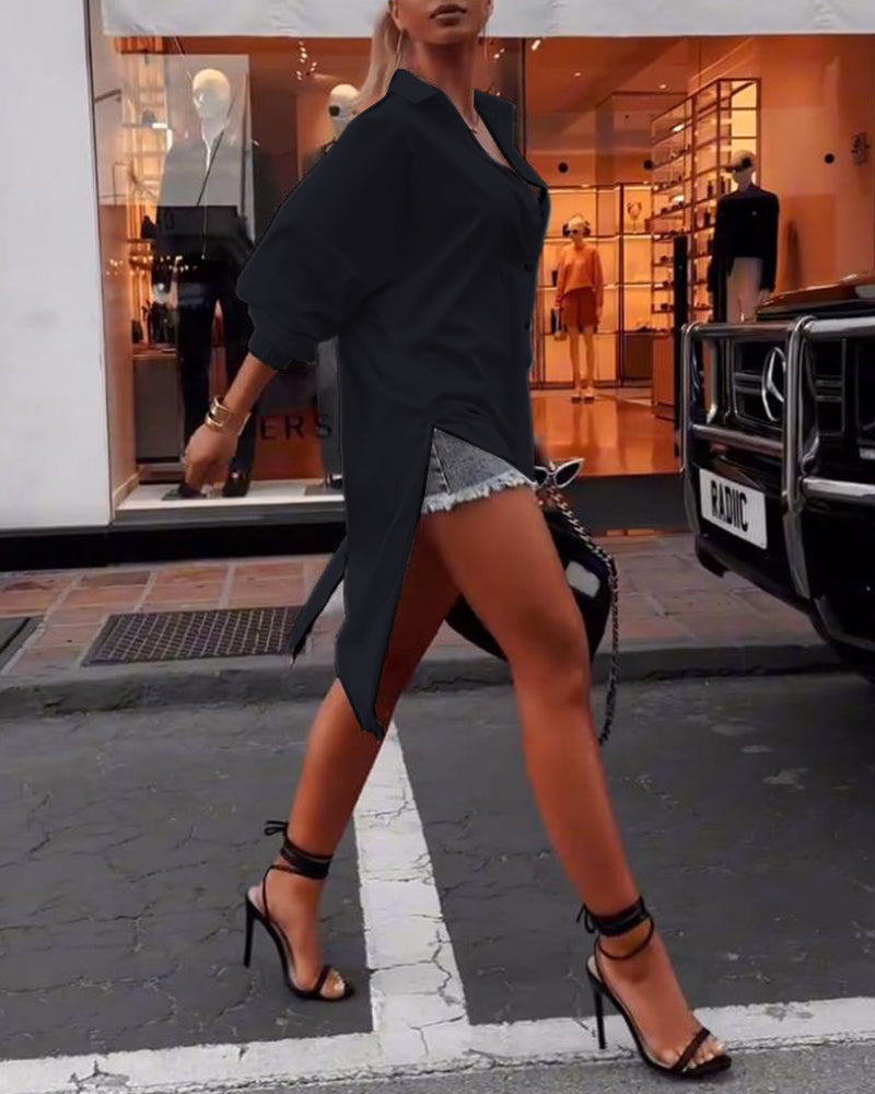 Casual overhemd met reverssplit en effen kleur