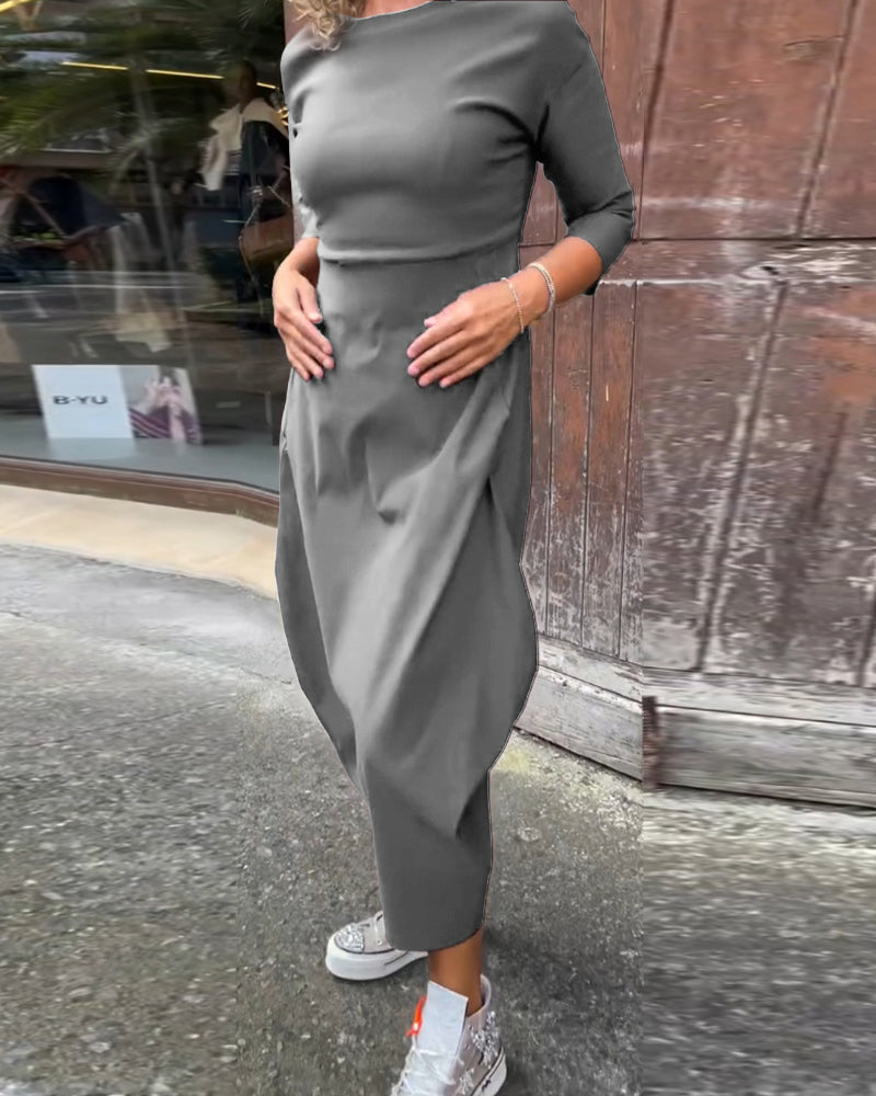 Eenvoudige effen kleur zak lange mouw elegante jurk