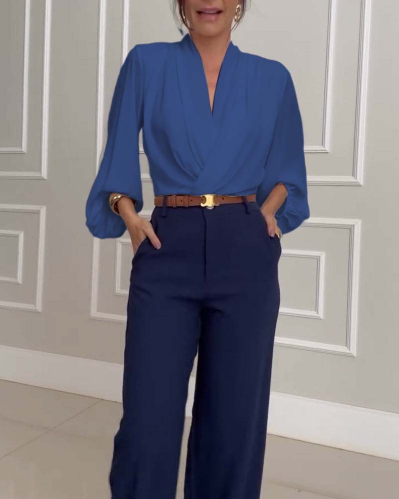 Mode effen kleur blouse met V-hals en lantaarnmouw