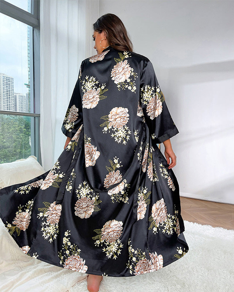 Groot formaat bedrukte zijden sexy pyjamajurk