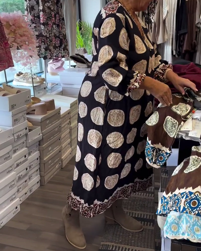 Jurk Lange Mouwen V-Hals Gedrukt