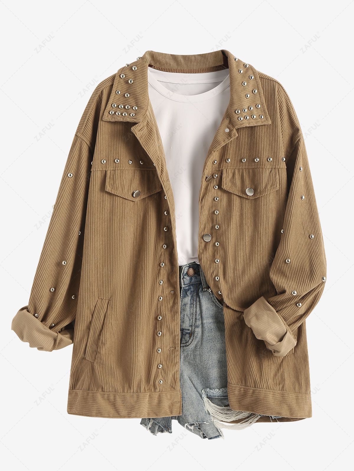 Corduroy jacket - stijlvolle beige damesjack met studs