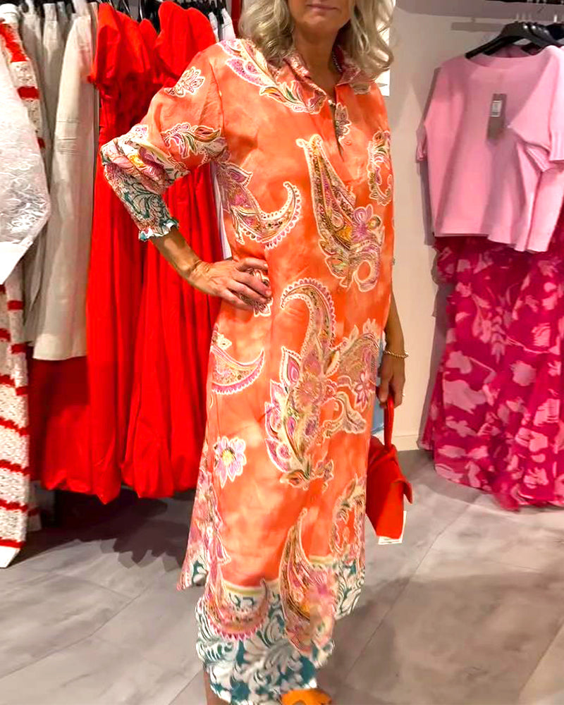 Jurk Staande Kraag Lange Mouw Cashew Print