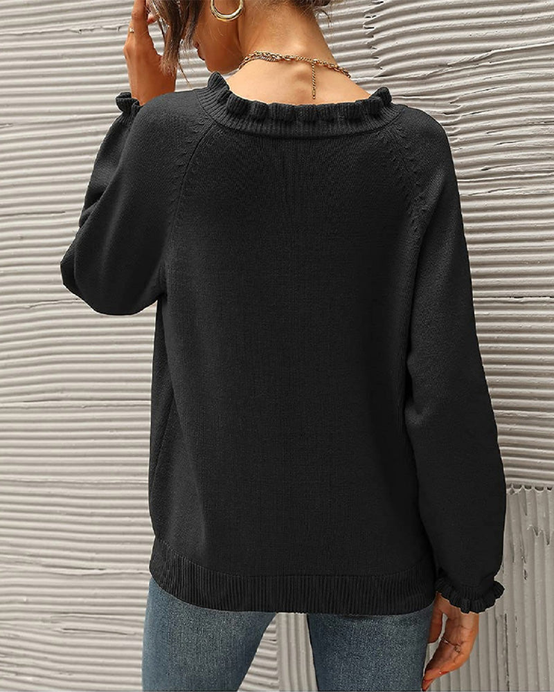 Casual effen kleur pullover met revers knoop en ruche