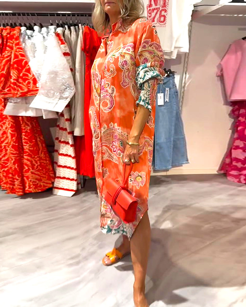 Jurk Staande Kraag Lange Mouw Cashew Print