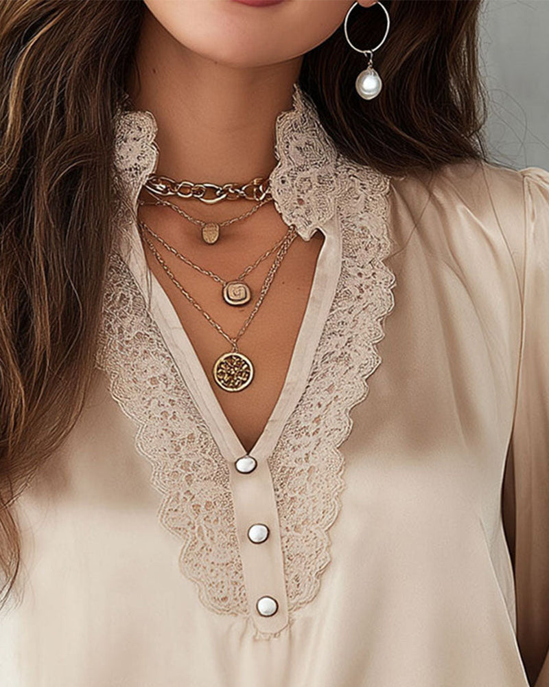 Elegante Effen Blouse Met Patchworkdetails En V-Hals