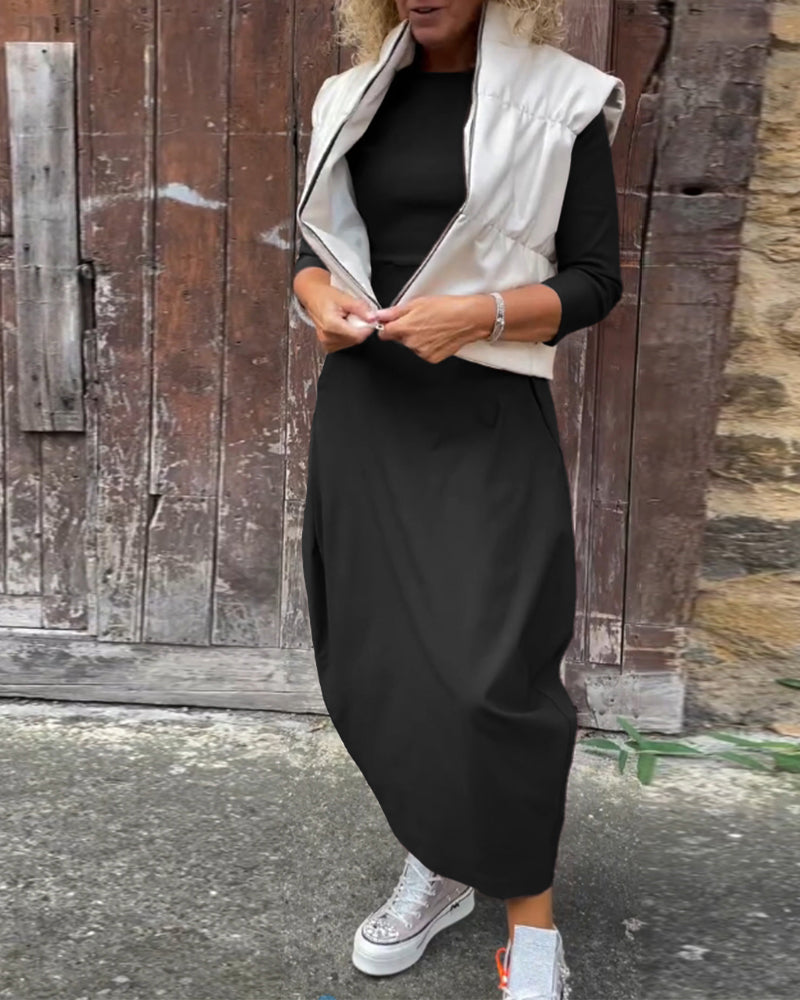 Eenvoudige effen kleur zak lange mouw elegante jurk