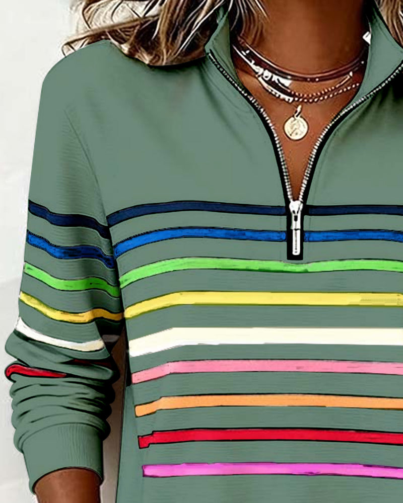 Modieuze Sweatshirt Met Halve Rits En Regenboogstrepen