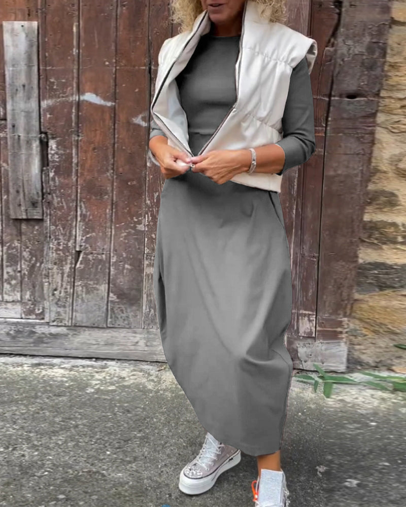 Eenvoudige effen kleur zak lange mouw elegante jurk