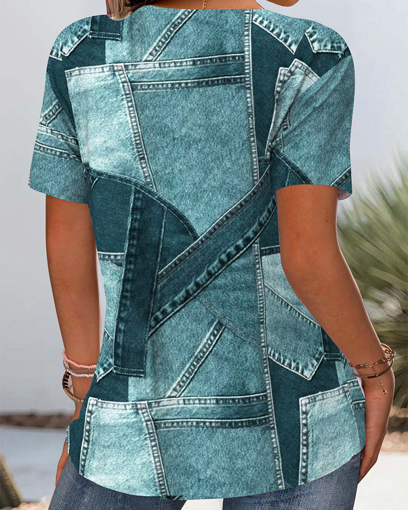 Blouse Vintage Denim Contrast Uitsnijding