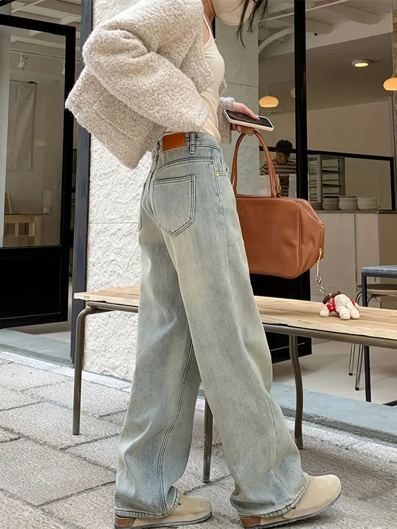 Hoge taille recht gesneden jeans - samtblauwe dames casual broeken