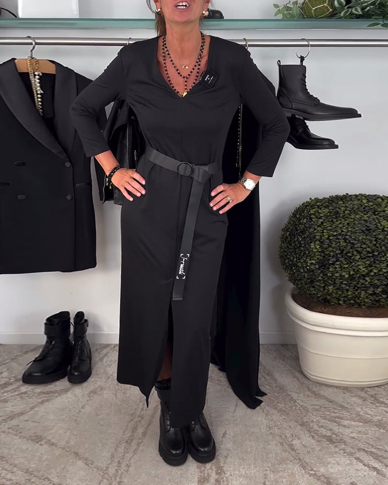 Mode effen kleur jurk met V-hals en split