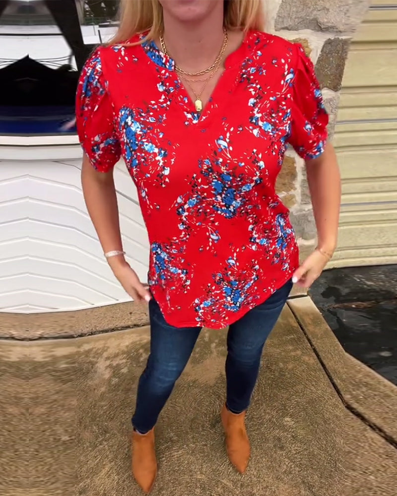 T-Shirt V-Hals Bloemenprint Korte Mouwen