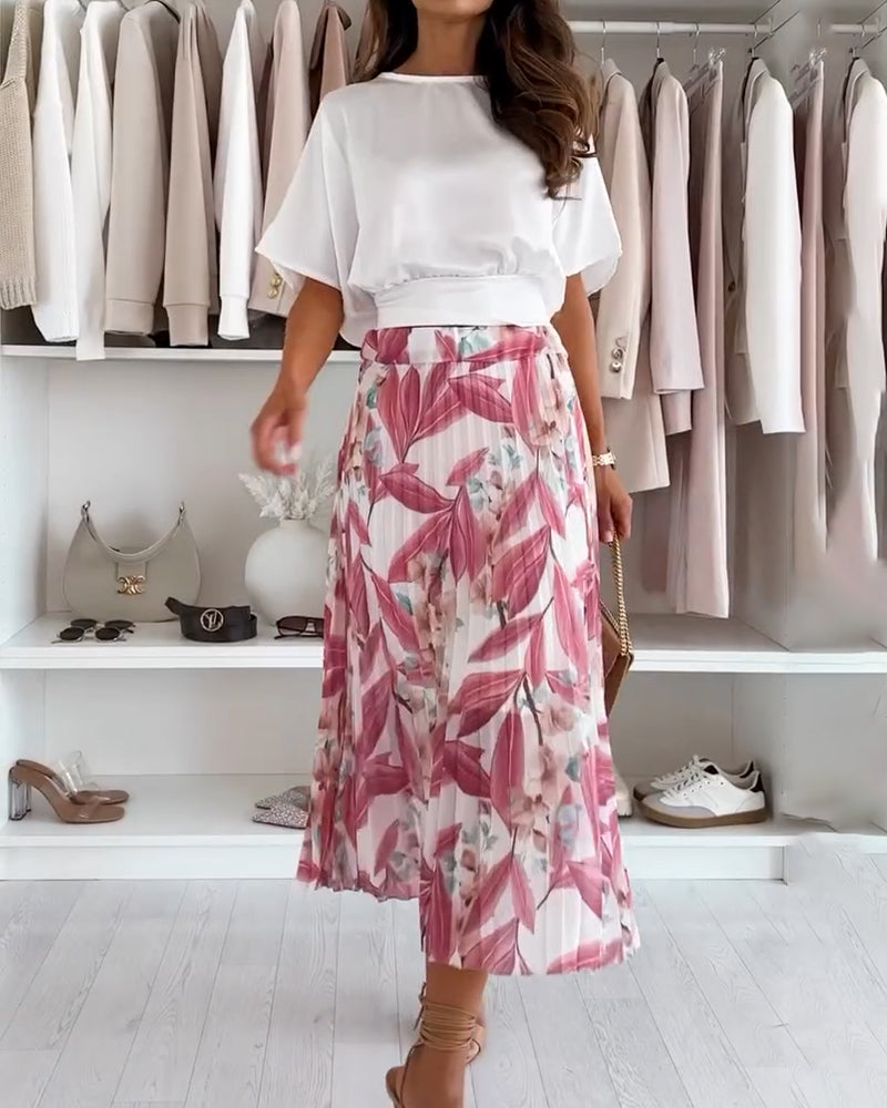 Blouse Effen Kleur Taille Strik Korte Mouw