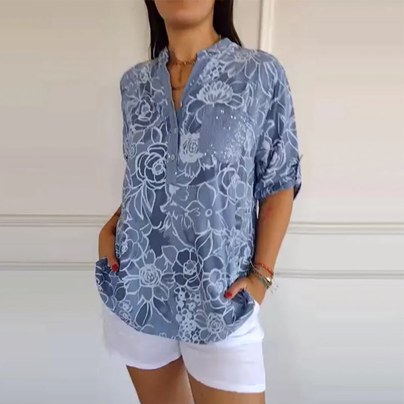 Blouse V-hals Met Knopen Bedrukt