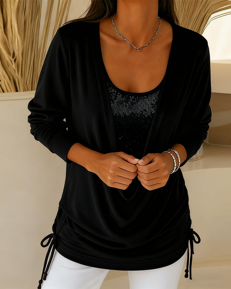 Pailletten Top Met Contrasterende Kleuren In Tweedelig Look