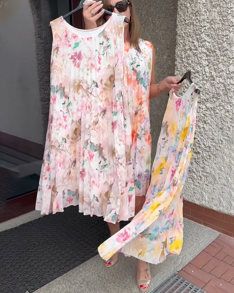 Jurk Mouwloos Geplooid Bloemig