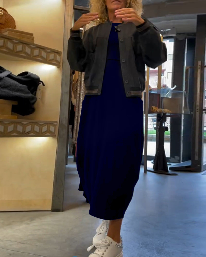 Effen kleur jurk met ronde hals lange mouw en zak