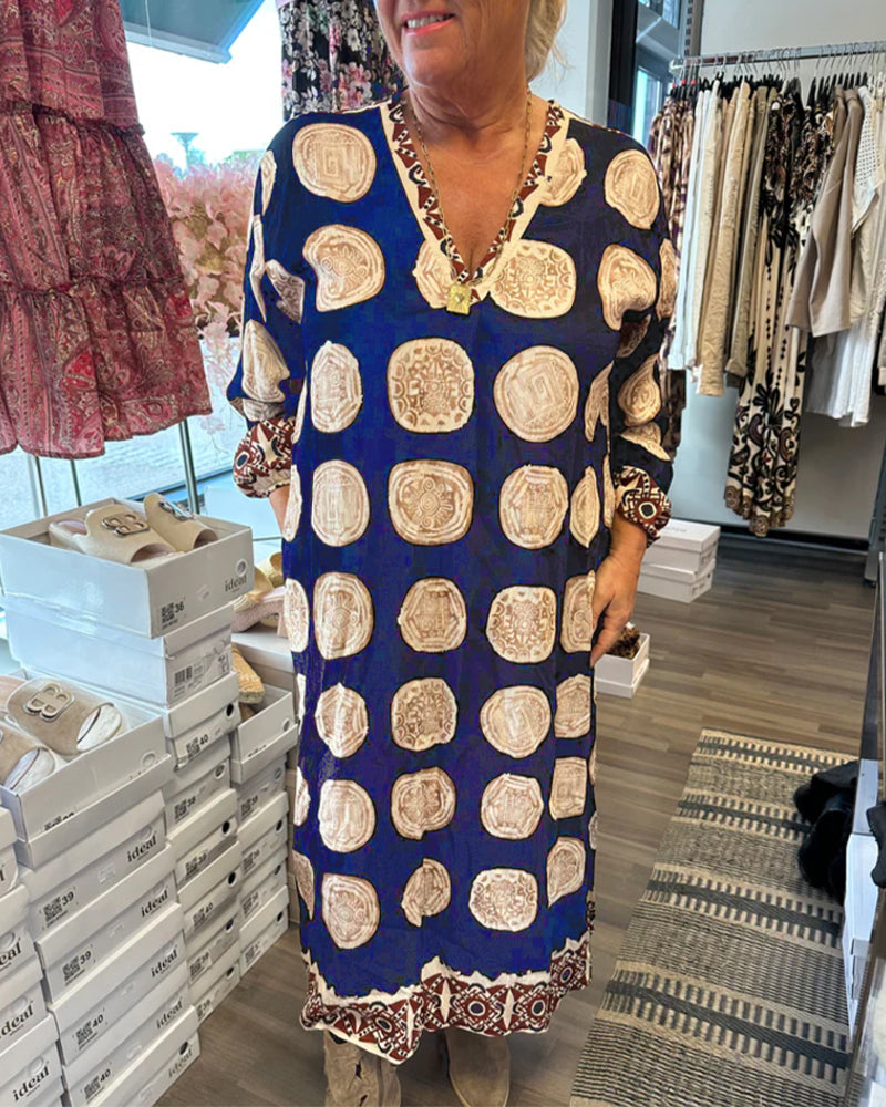 Jurk Lange Mouwen V-Hals Gedrukt