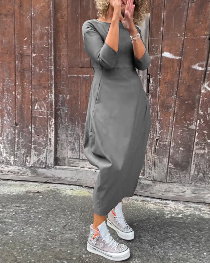 Eenvoudige effen kleur zak lange mouw elegante jurk