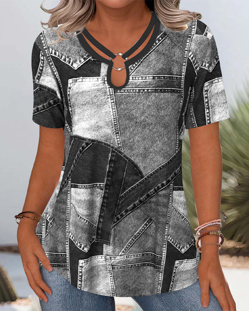 Blouse Vintage Denim Contrast Uitsnijding