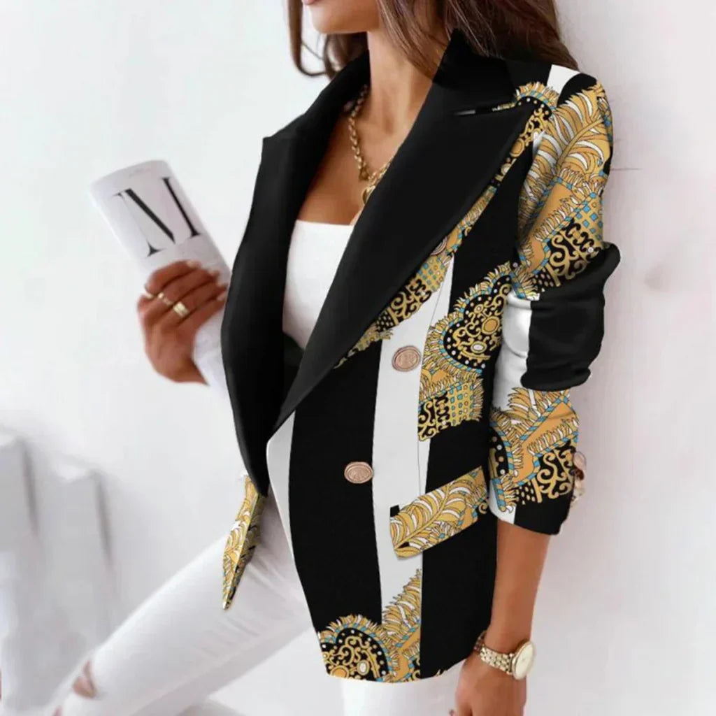 Dames blazer met zwart-gouden patroon - elegante, op maat gemaakte jas voor op kantoor