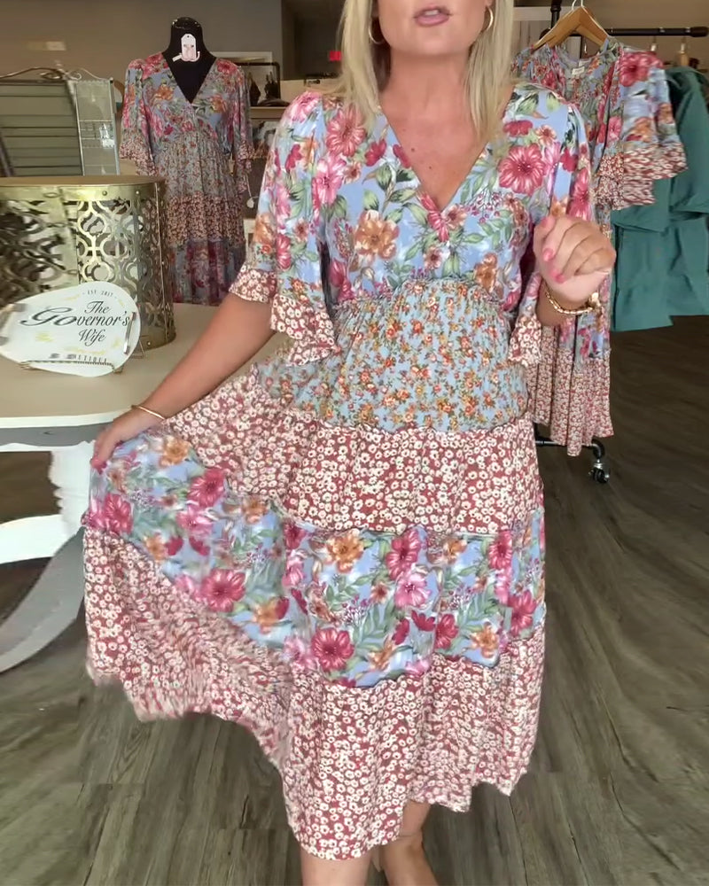 Jurk V-Hals Lotussmouwe Bloemig