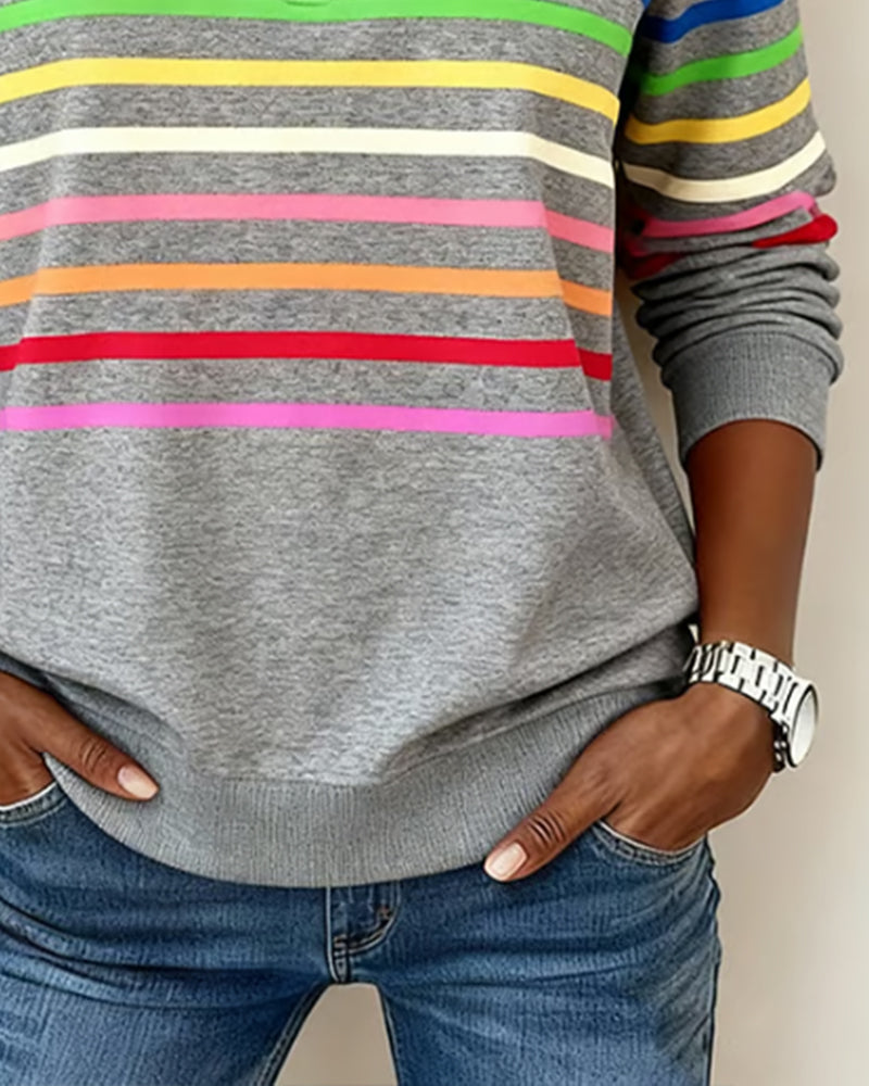 Modieuze Sweatshirt Met Halve Rits En Regenboogstrepen