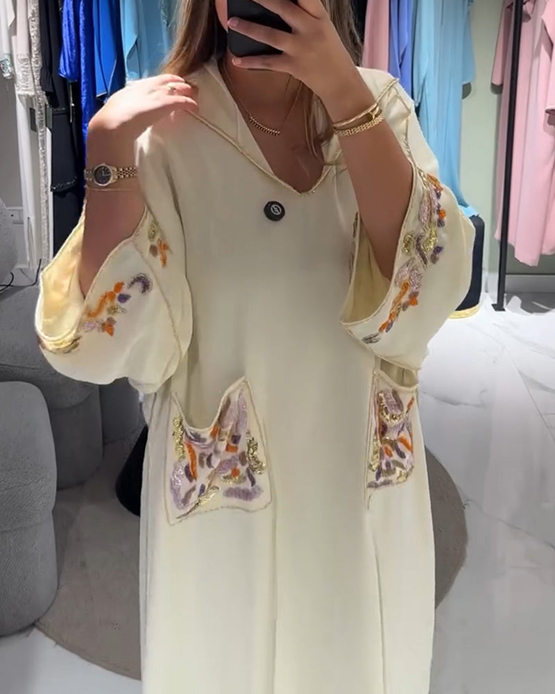 Jurk Met Capuchon Geborduurd Wijd Dubbele Zakken