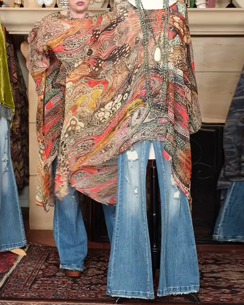 Blouse Wijde Vleermuismouw Print