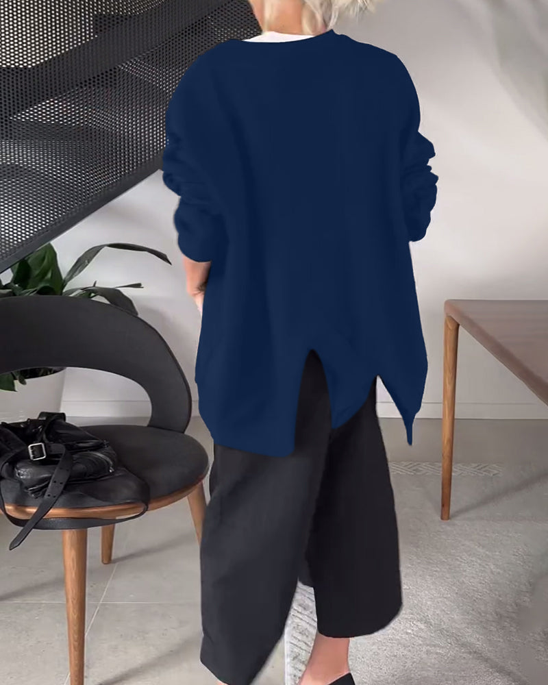 Effen casual sweatshirt met ronde hals en split