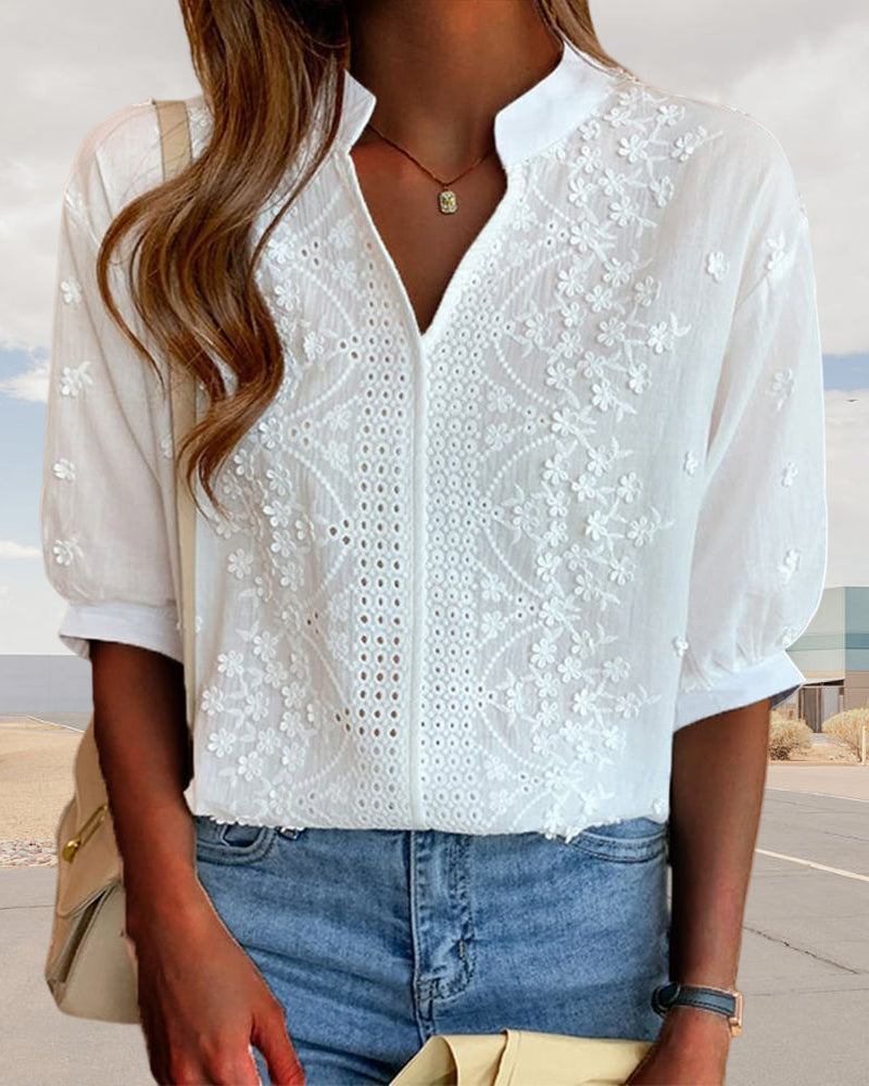 Effen blouse met V-hals en korte mouwen