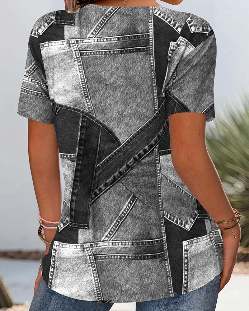 Blouse Vintage Denim Contrast Uitsnijding