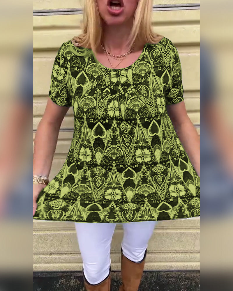 T-shirt casual retro ronde hals bedrukt