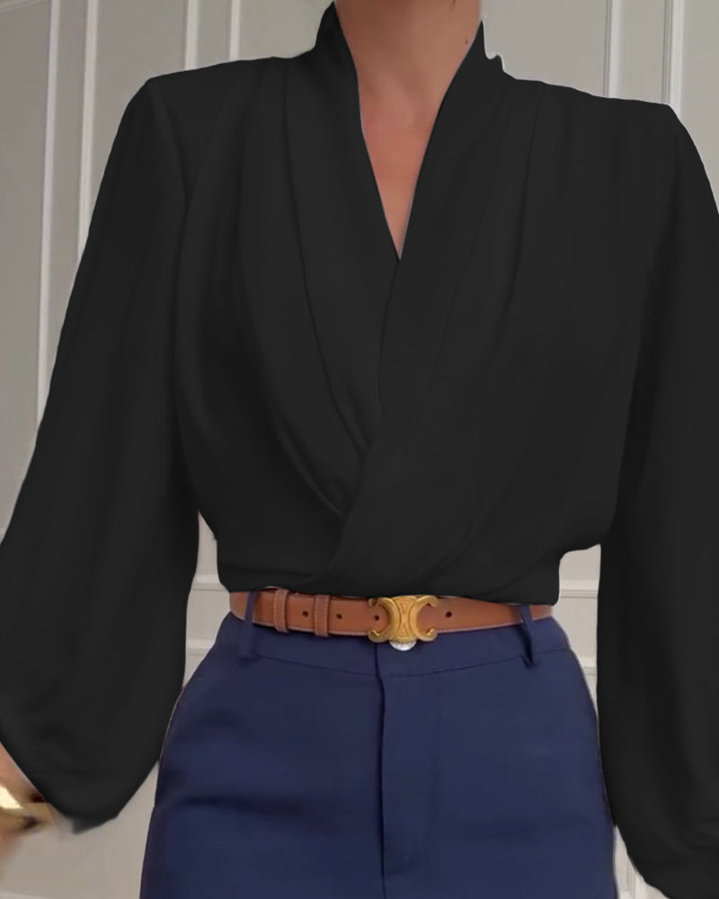 Mode effen kleur blouse met V-hals en lantaarnmouw