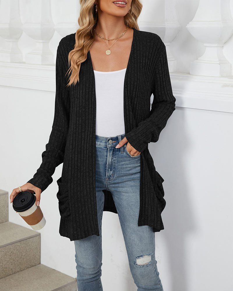 Casual effen kleur cardigan met lange mouwen en zak