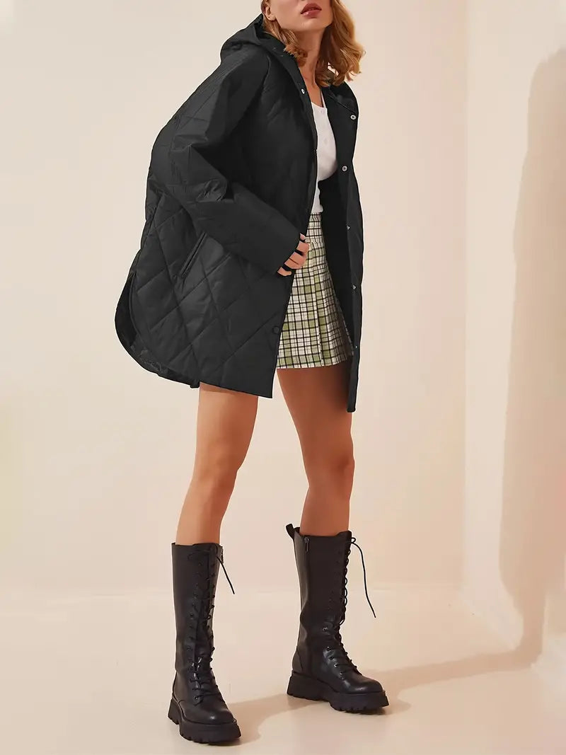 Gewatteerde puffer zwarte en beige winterjas voor dames - warm en oversized