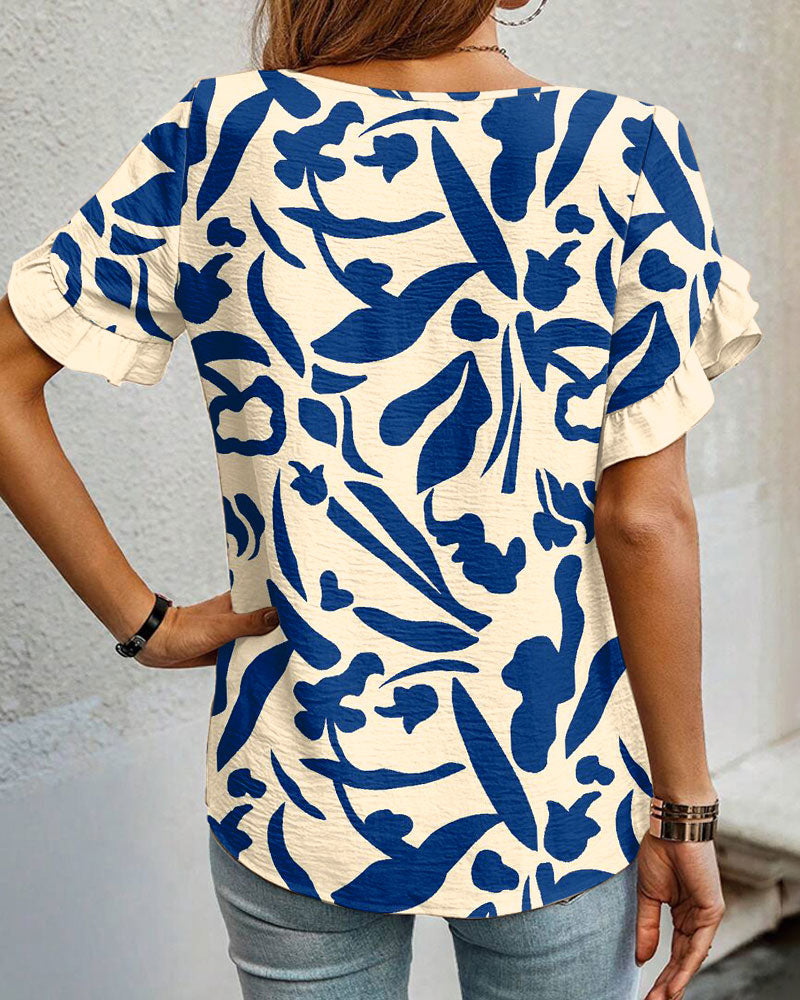 Blouse Ronde Hals Gedrukt Ruches