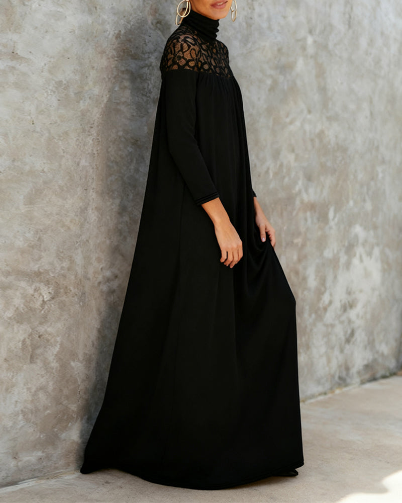 Elegante Jurk Met Hoge Hals Van Mesh En Patchwork