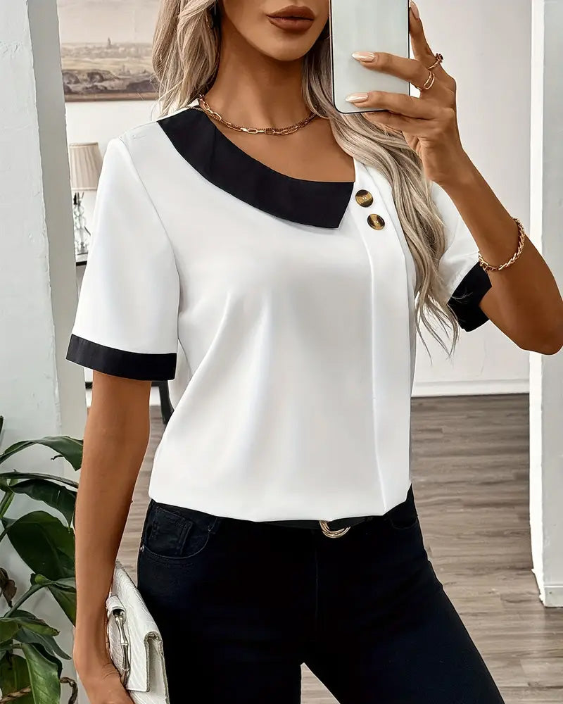 Blouse Contrastkraag Knoopsluiting